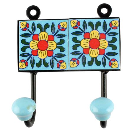 Turquoise Floral Ceramic Tile Hook Online